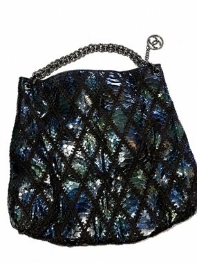 CHANEL Iridescent Blue Green Black Python Hobo Bag with Silver Chain